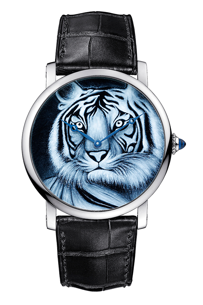 This Rotonde de Cartier watch’s tiger motif uses grisaille enamel, an extremely challenging technique that’s capable of creating highly nuanced details