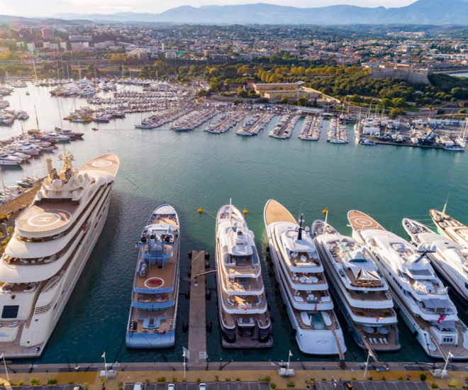 With superyacht infrastructure designed by Poralu Marine, France’s Port Vauban, Quai des Milliardaires is a popular mooring for superyachts in the Mediterranean; (C) Josip Baresic